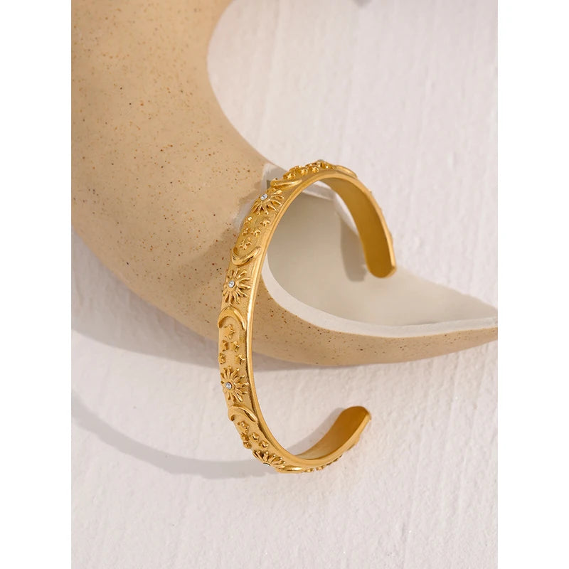 Golden Moon Star Sun Metal Bangle Bracelet for Women - Stylish Open Wrist Accessory