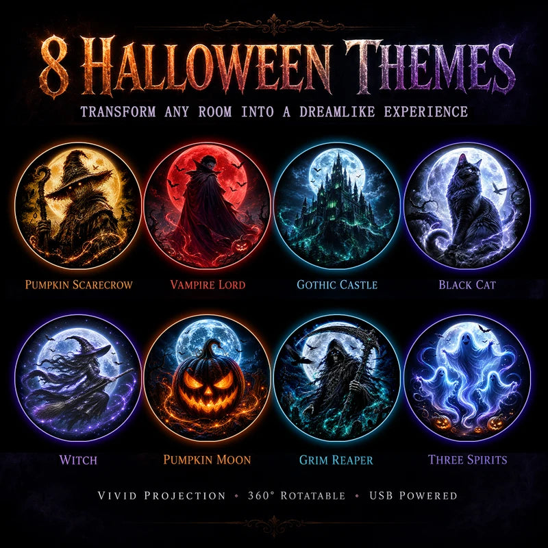 Halloween Projector Light with 8 Interchangeable Patterns - Ceiling Ambient Decor