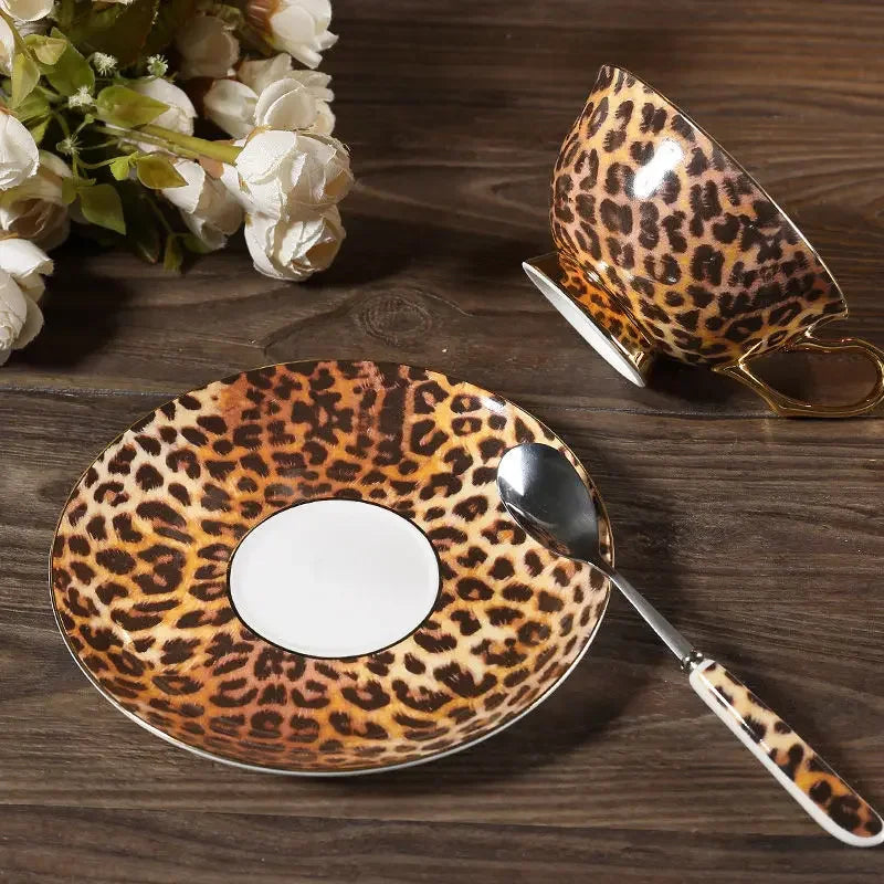 Ceramic Coffee Cup and Saucer Set with Leopard Print and Spoon - Elegant Home Use