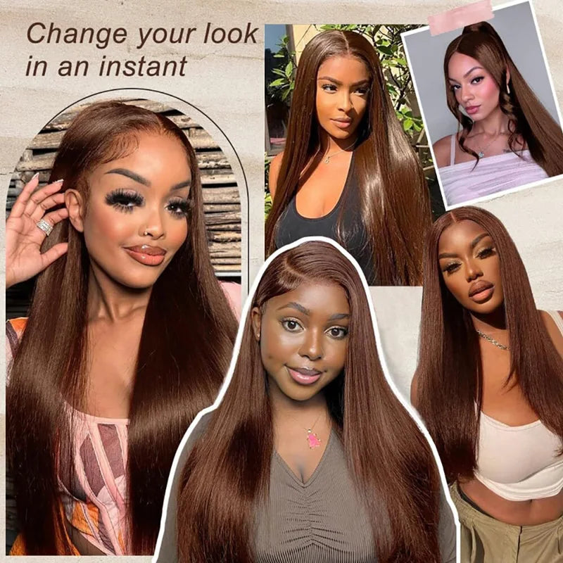 Long Chocolate Brown Straight Human Hair Wig 46 Inches HD Lace Frontal Pre Plucked for Women