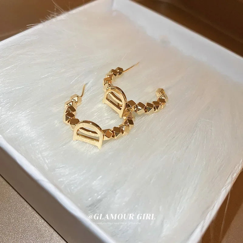 Gold Alloy Beaded Hoop Earrings for Women Geometric Statement Jewelry