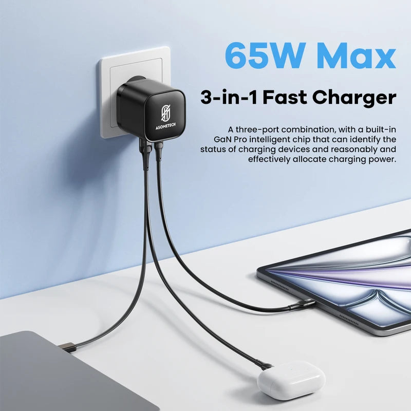 65W GaN USB C Charger Fast Wall Adapter with Retractable Cable for Phones & Laptops