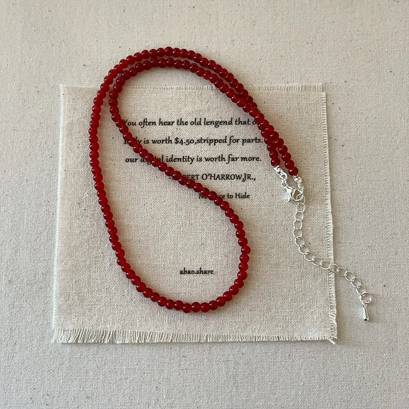 French Silver Water Wave Chain with Red Agate Beads Heart Pendant for Women