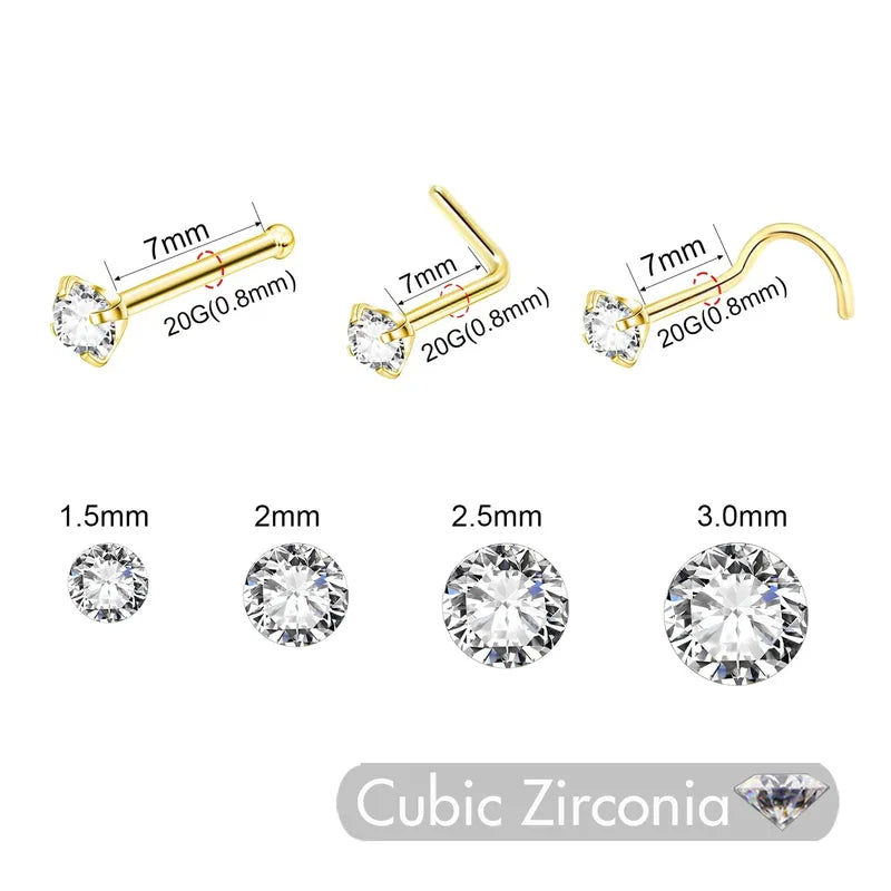 Gold Color Nose Stud with Cubic Zirconia Crystal - Body Piercing Jewelry