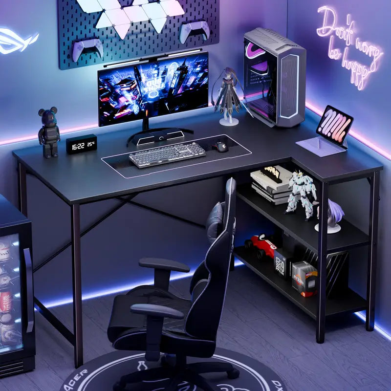 L-Shaped Computer Desk with Reversible Shelves - 47 Inch Corner Gaming & Office Table