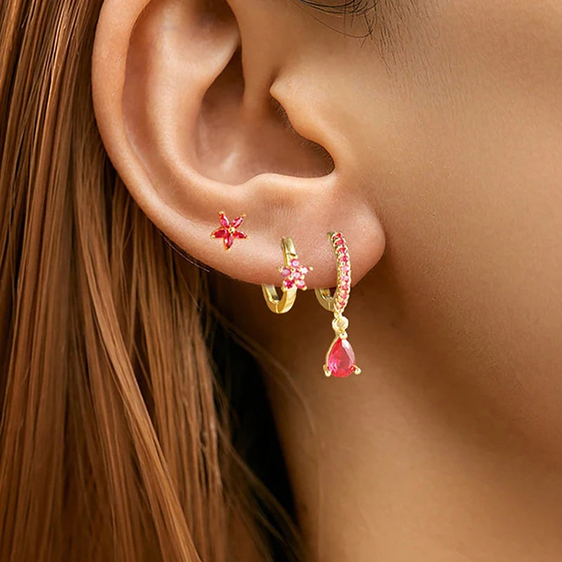 3PCS Stainless Steel Zircon Flower Earring Set for Women Hypoallergenic Jewelry