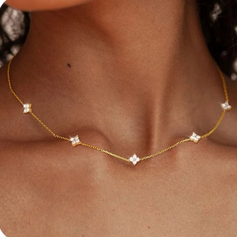 Elegant Four-Leaf Flower Zircon Chain Necklace for Women - Lucky Jewelry