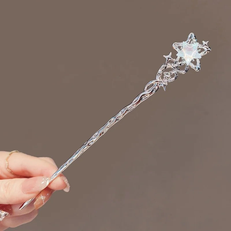 Crystal Moonstone Star and Moon Hairpin with Tassel Clip - Ladies Headwear Accessory