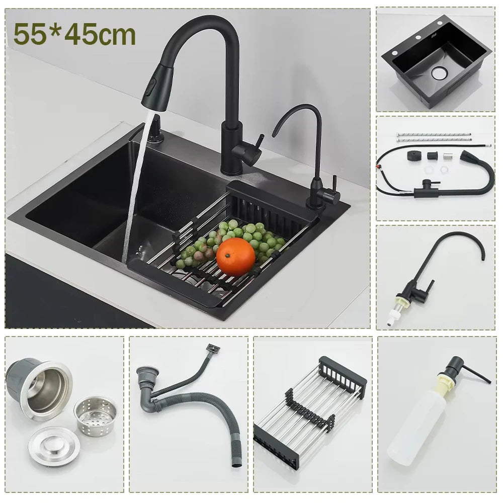 Large Stainless Steel Kitchen Sink with Integrated Faucet & Drain Basket