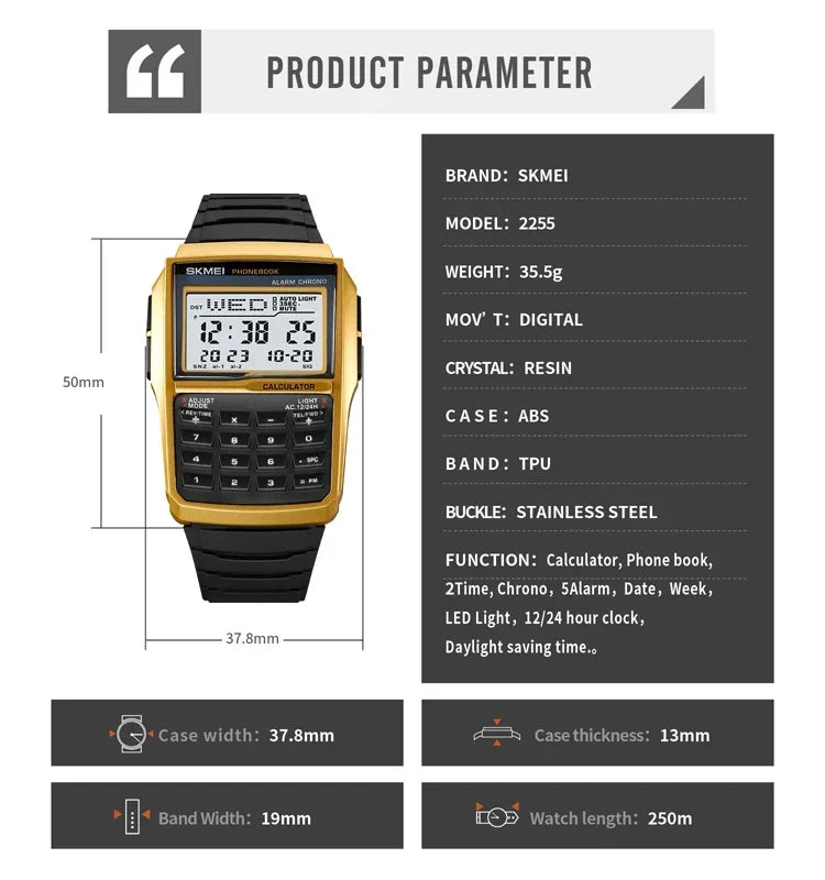 Sports Waterproof Digital Watch for Men Dual Time Countdown Casual Wristwatch