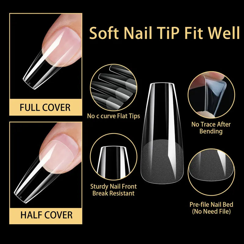 Soft Gel Fake Nail Tips 480pcs Almond Square Coffin French Half Frosted Press-On Nails