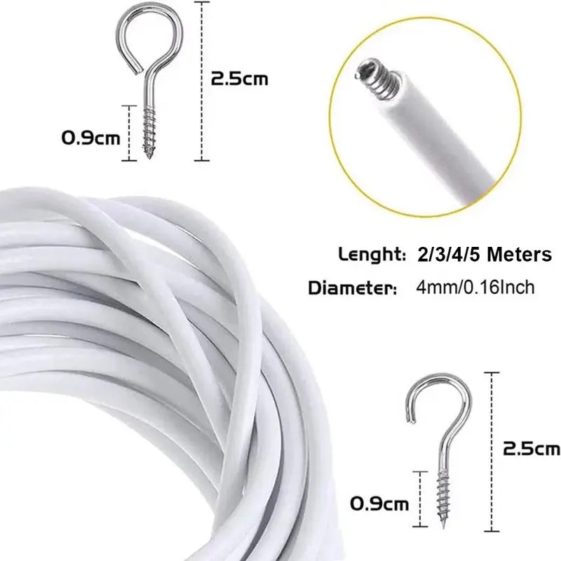 Durable Curtain Spring Rope Cable Set with Hooks & Eyes - 2M to 5M Length