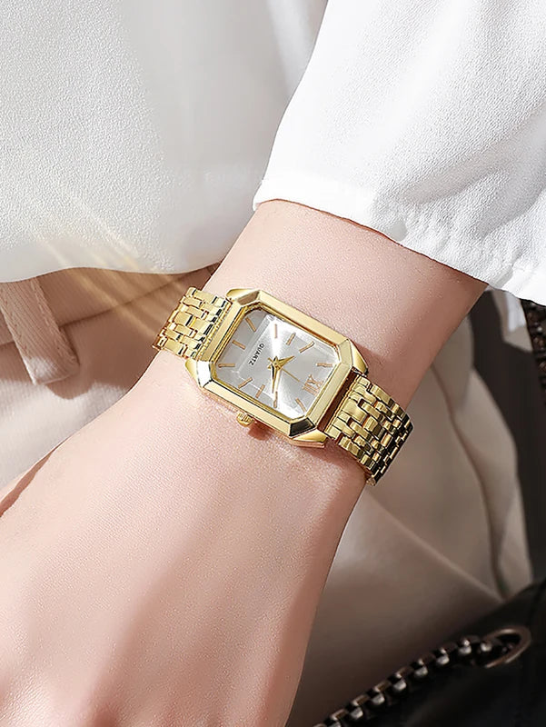 Ladies Quartz Watch Jewelry Set with Stainless Steel Band and Roman Numeral Display