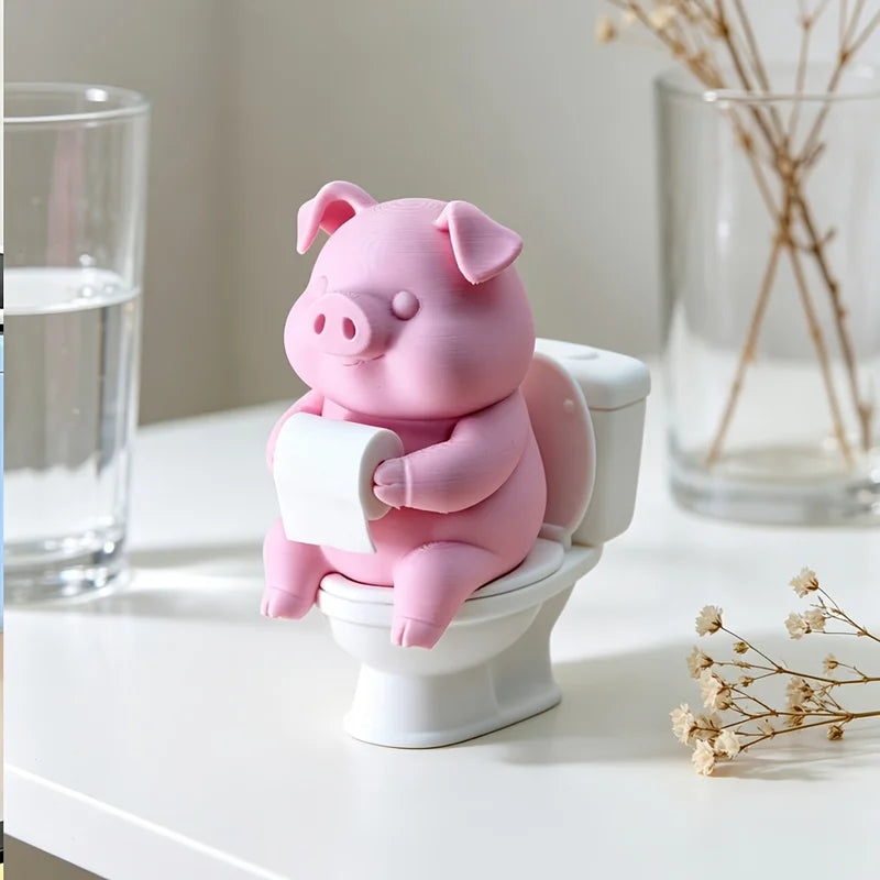 Cute Pig Sitting on Toilet Wall Decor - Bathroom & Home Office Display