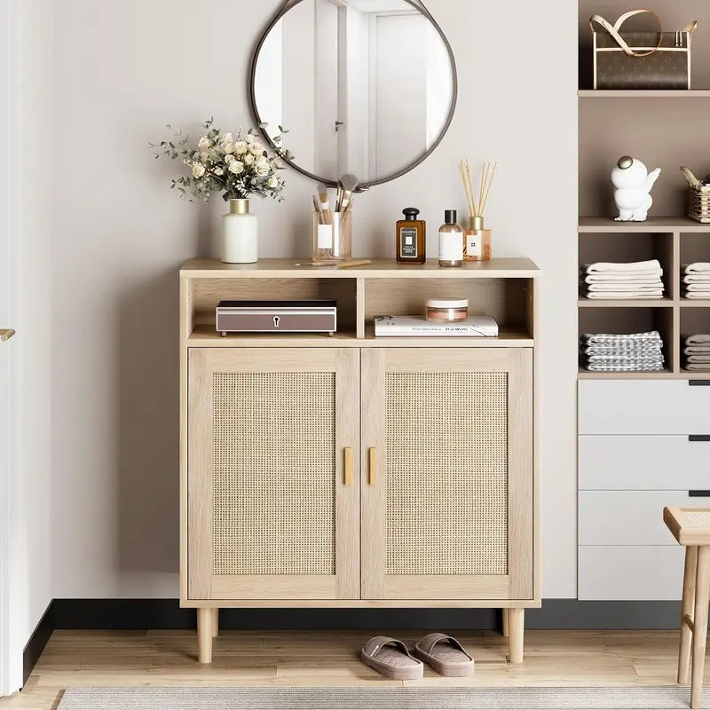 Modern Farmhouse Rattan Buffet Sideboard Cabinet - 63" Kitchen Storage