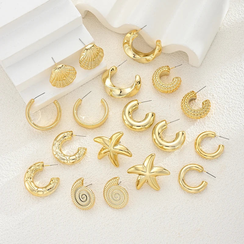 Vintage Gold Plated Ocean Earring Set with Starfish Shell Conch Textured Hoops for Women Summer Beach Jewelry
