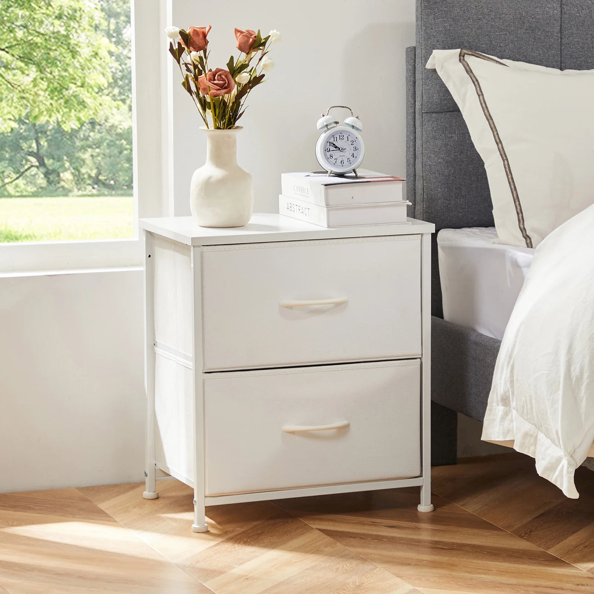 Multipurpose Nightstand with 2 Fabric Drawers - Wooden Top Storage Cabinet