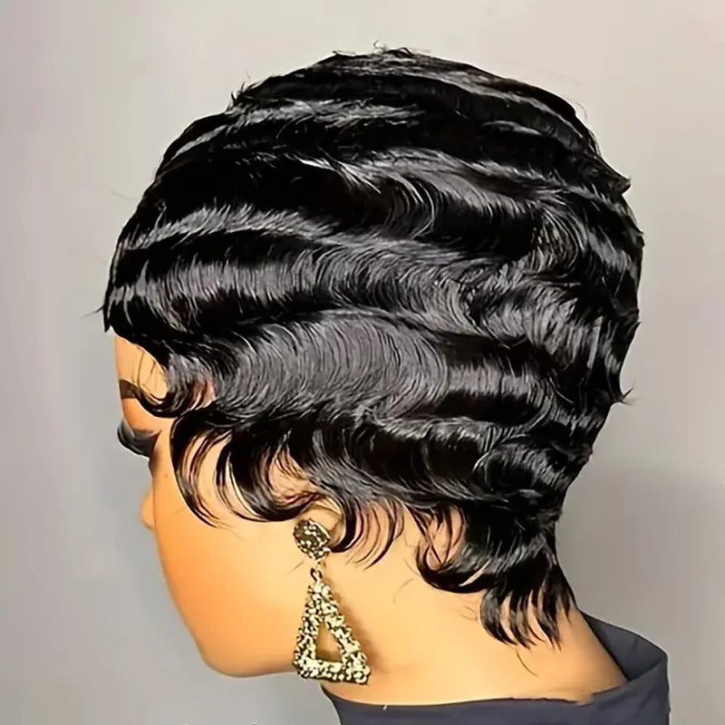 Short Human Hair Wig for Women - Brown Ocean Wave Pixie Cut, Natural Color