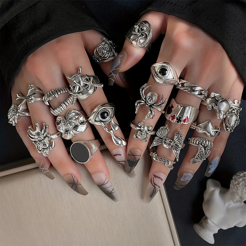 24-Piece Gothic Ring Set for Women Men Joker Devil Face Jewelry Trendy Accessories