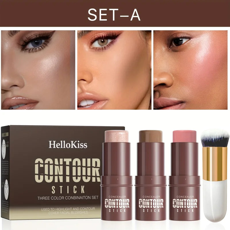 4-Piece Cream Contour and Blush Stick Kit with Contour Brush - Non-Greasy Face Makeup