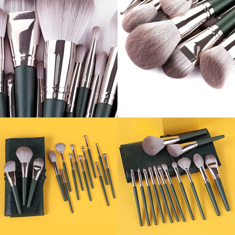 Complete 14-Piece Makeup Brush Set with Storage Bag - Soft Synthetic Bristles, Matte Textured Handles, Dark Green