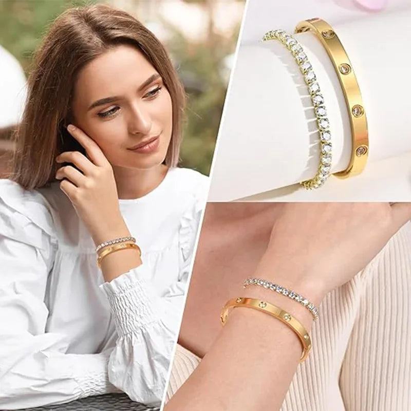 2-Piece Gold Plated Tennis Bracelets for Women - Dainty Love Bangle Set with Cubic Zirconia