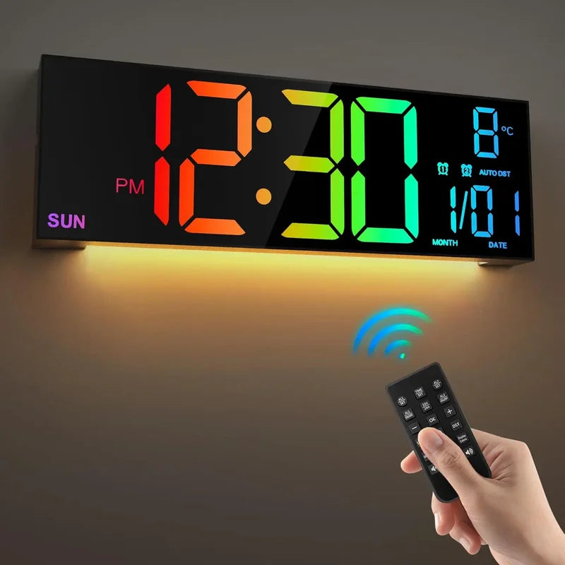 Large Digital Wall Clock with Remote Control, 8 RGB Colors, Dual Alarm