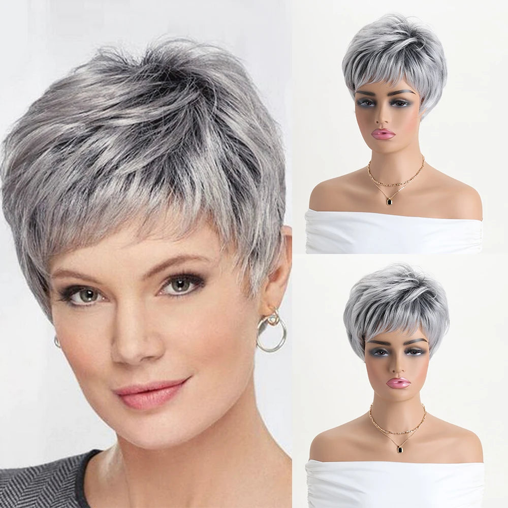 Short Grey Ombre Curly Synthetic Wig with Bangs for Women - Costume & Daily Use