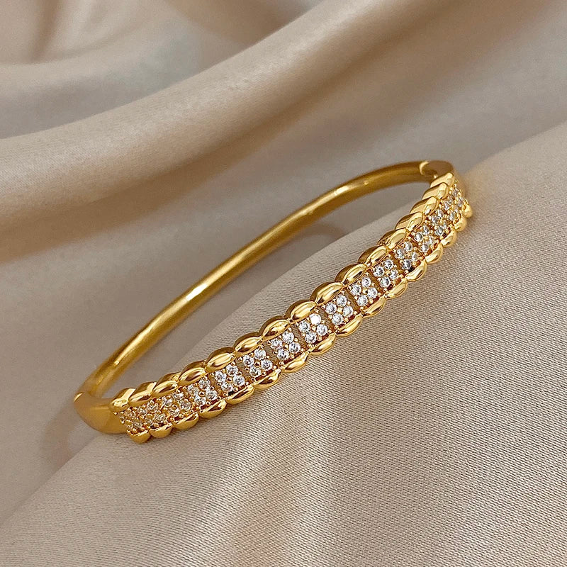 Multilayer Zircon Cuff Bracelet for Women Gold Plated Copper Jewelry