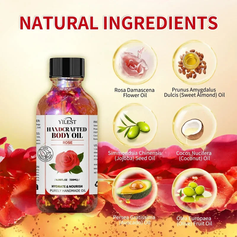 Handcrafted Rose Body Oil - 120ml Natural Hydrating Oil for Dry Skin