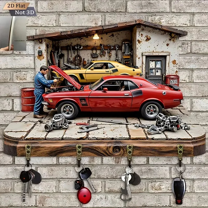 2D Flat Classic Muscle Car Garage Key Holder with 4 Hooks - Wooden Wall Mount Organizer