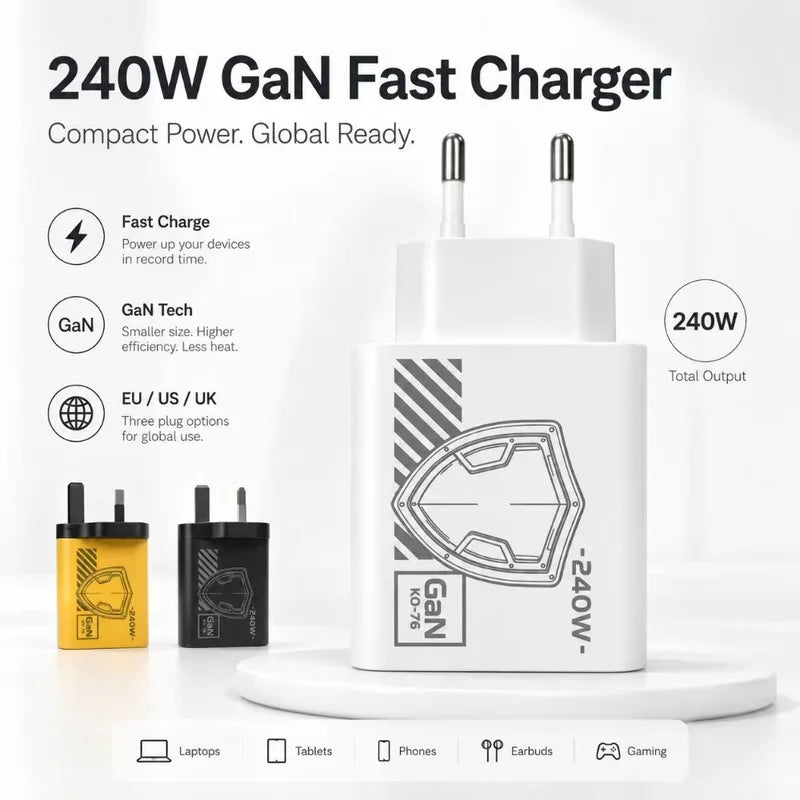 240W GAN Multi-Port Travel Charger with EU/US Plugs & 1M Braided USB C Cable
