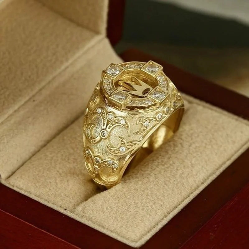 Men's Gold Color Cocktail Ring with White Zircon Inlay, Fashion Jewelry