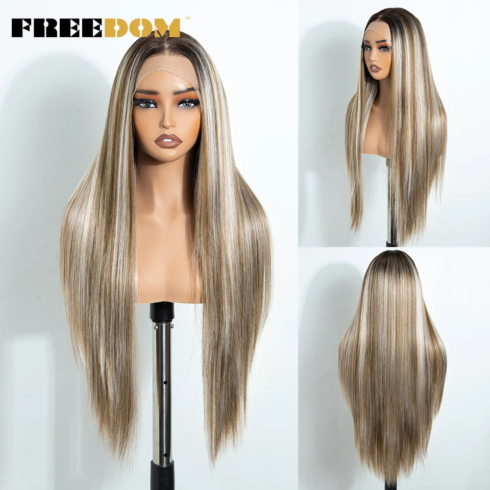 Pre-Plucked Synthetic Lace Front Wig for Black Women 30 Inch Ombre Brown Straight Hair