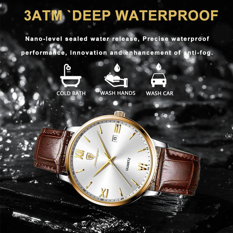 Luxury Business Wristwatch for Men Waterproof Leather Quartz Watch with Luminous Dial