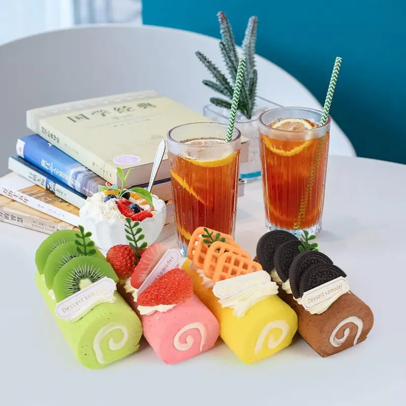 Artificial Cake Model Roll Cake Food Decor Set - Simulation Faux Swiss Rolls for Home Kitchen Display