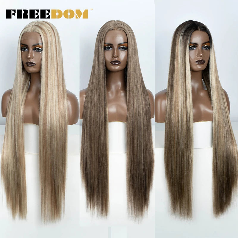 Long Synthetic Lace Front Wig for Women - 38 Inch Ombre Brown Red Blonde Highlight Cosplay Hair