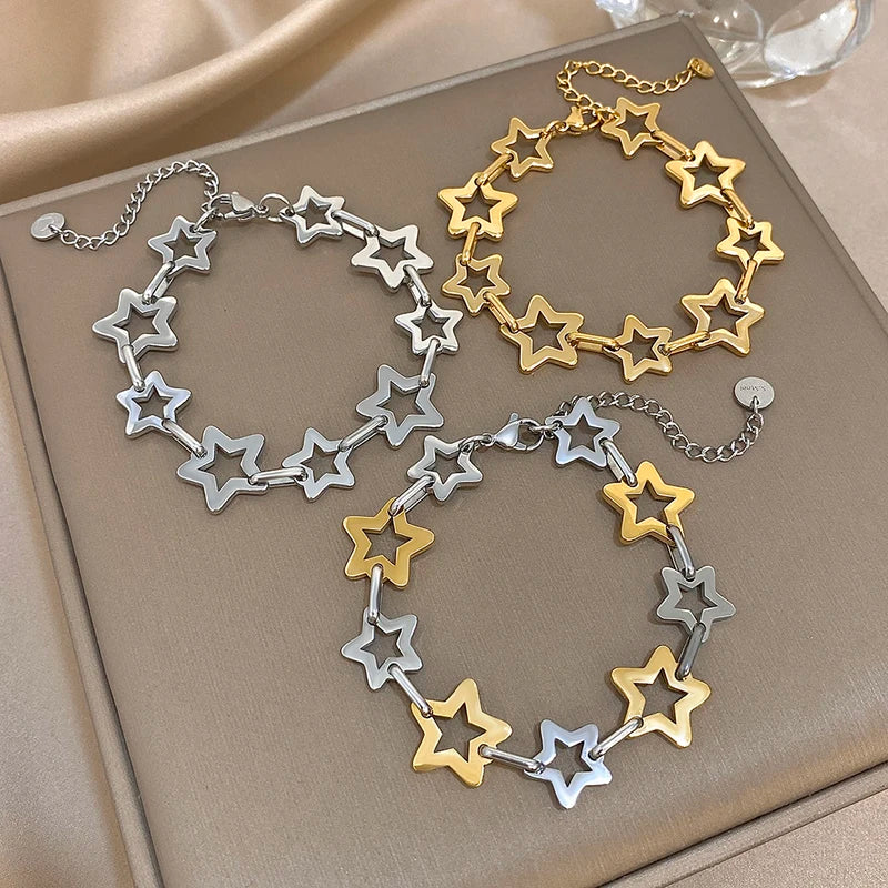 Fashion Stainless Steel Gold Silver Color Bracelet for Women with Hollow Star Link Chain Waterproof Jewelry Gift