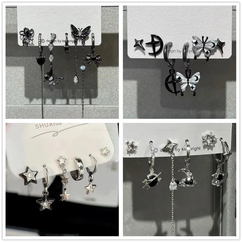 6-Piece Trendy Dark Butterfly Heart Star Cross Zircon Earrings Set for Women