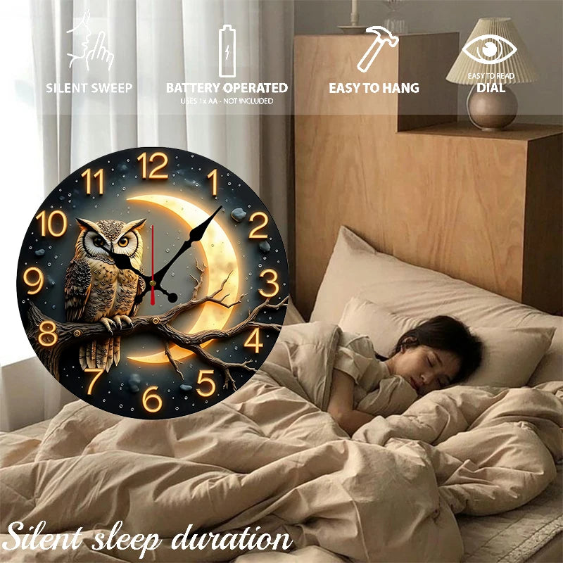 Moonlight Night Wooden Wall Clock - Silent Hanging Round Decor for Living Room Bedroom Office