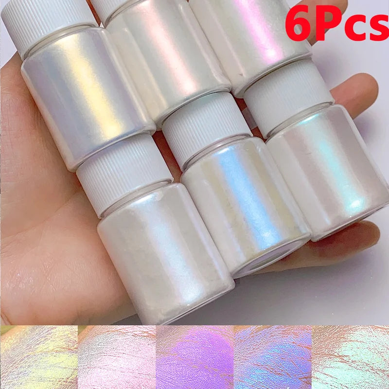 6Pcs Aurora Mermaid Nail Art Powder Set High-Gloss Pearl Chrome Pigment for Manicure