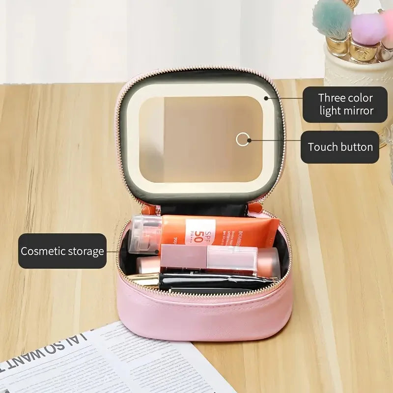 Portable Makeup Organizer Bag with LED Mirror and Light Modes - Travel Cosmetic Storage