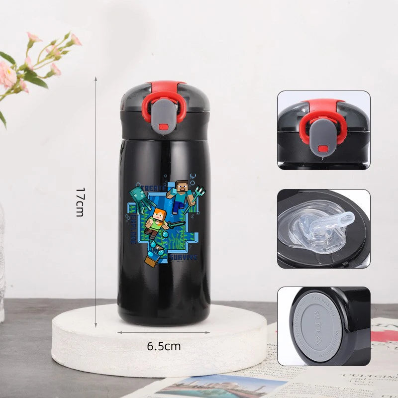 460ml Insulated Stainless Steel Water Bottle - Game Theme Travel Cup with Straw
