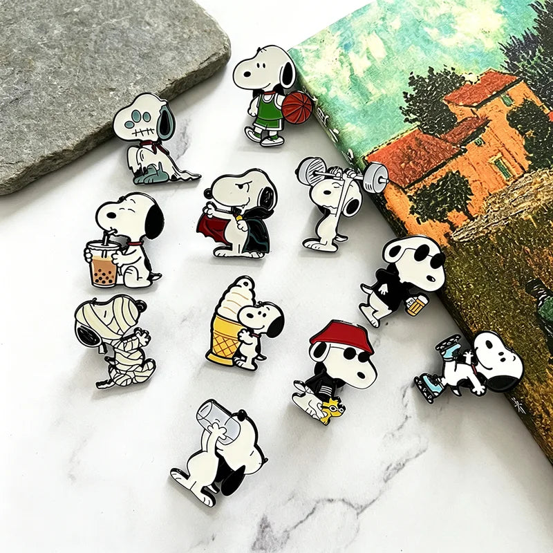 8/10/11pcs Cute Snoopy Enamel Pins Set Cartoon Puppy Dog Brooches for Backpack & Collectibles