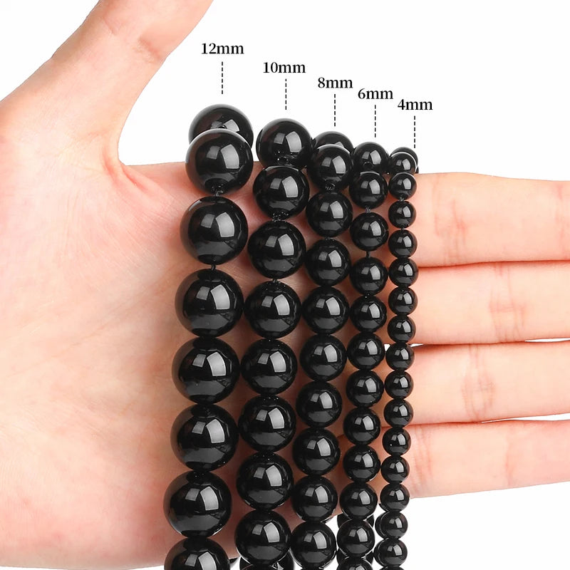 Natural Black Agate Stone Beads - Round Spacer Jewelry Making Supplies