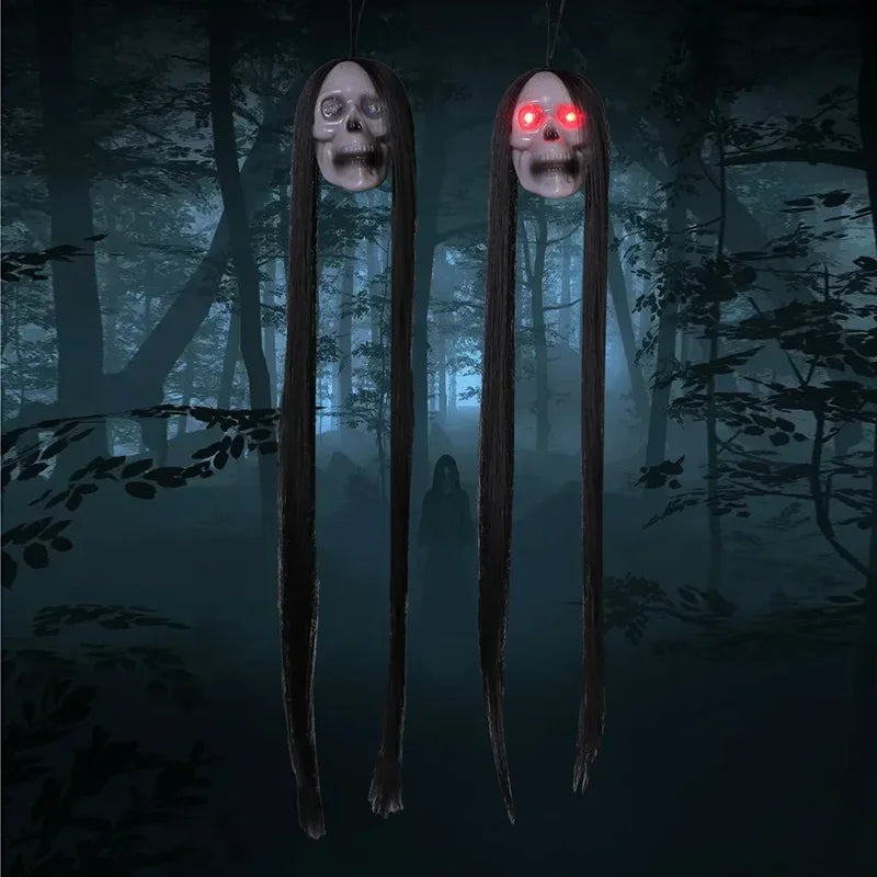 Halloween Hanging Ghost Skull with Glowing Eyes & Long Hair - Terror Skeleton Prop for Haunted House Decor