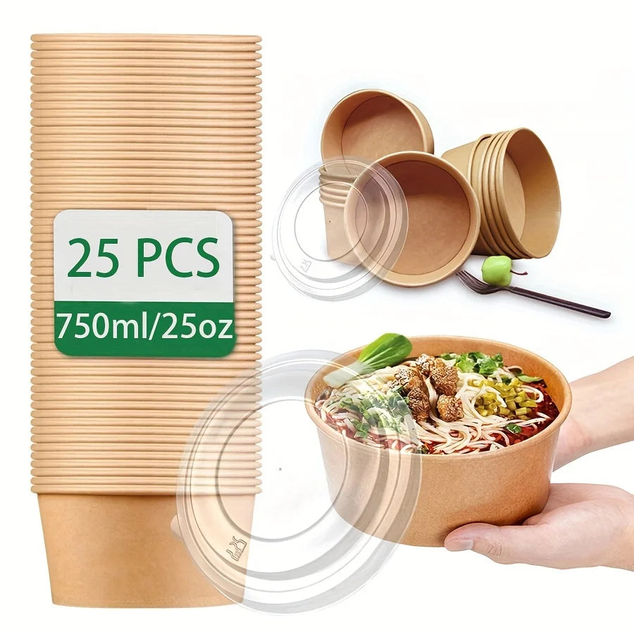 Disposable Paper Bowl Set with Lids - 25Oz Food Containers for Soup Salad Meal Prep