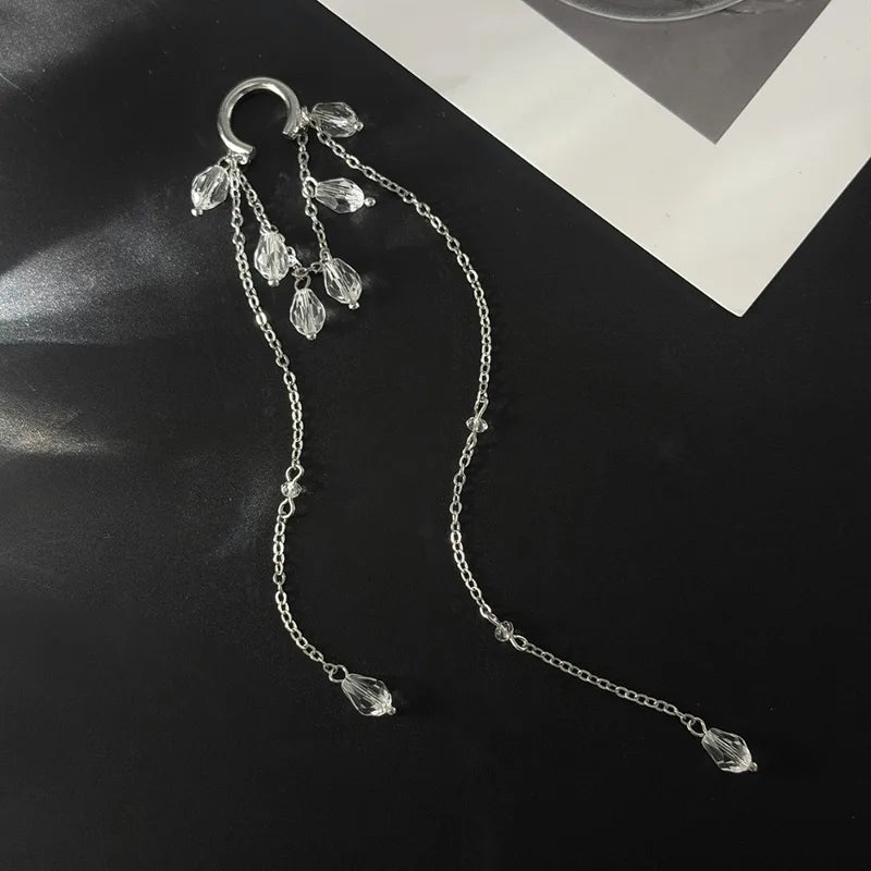 Minimalist Transparent Crystal Tassel C-Shaped Clip Earrings for Women