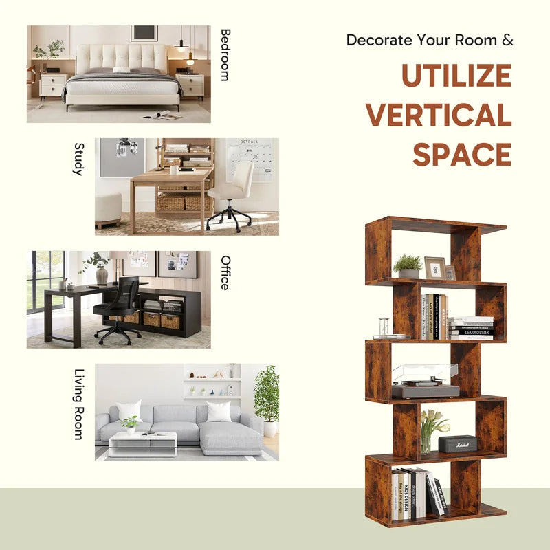 Geometric 5-Tier Bookcase – Modern Wooden Display Shelf for Living Room, Office, or Bedroom