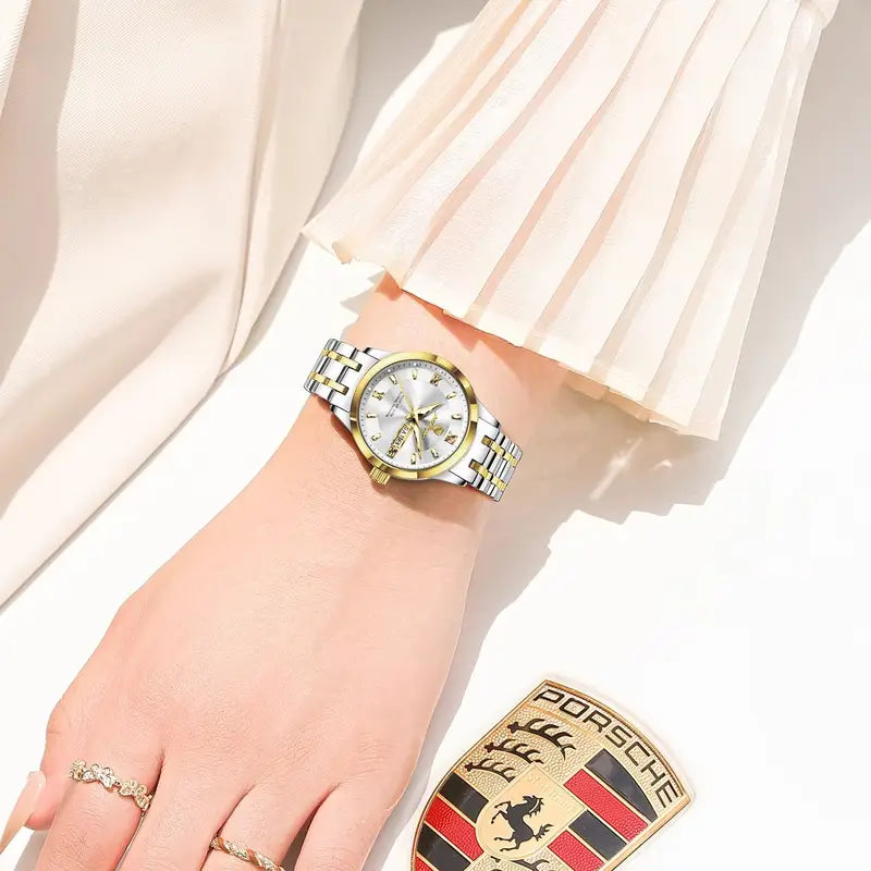 Women’s Quartz Waterproof Stainless Steel Watch with Luminous Dial and Date Function